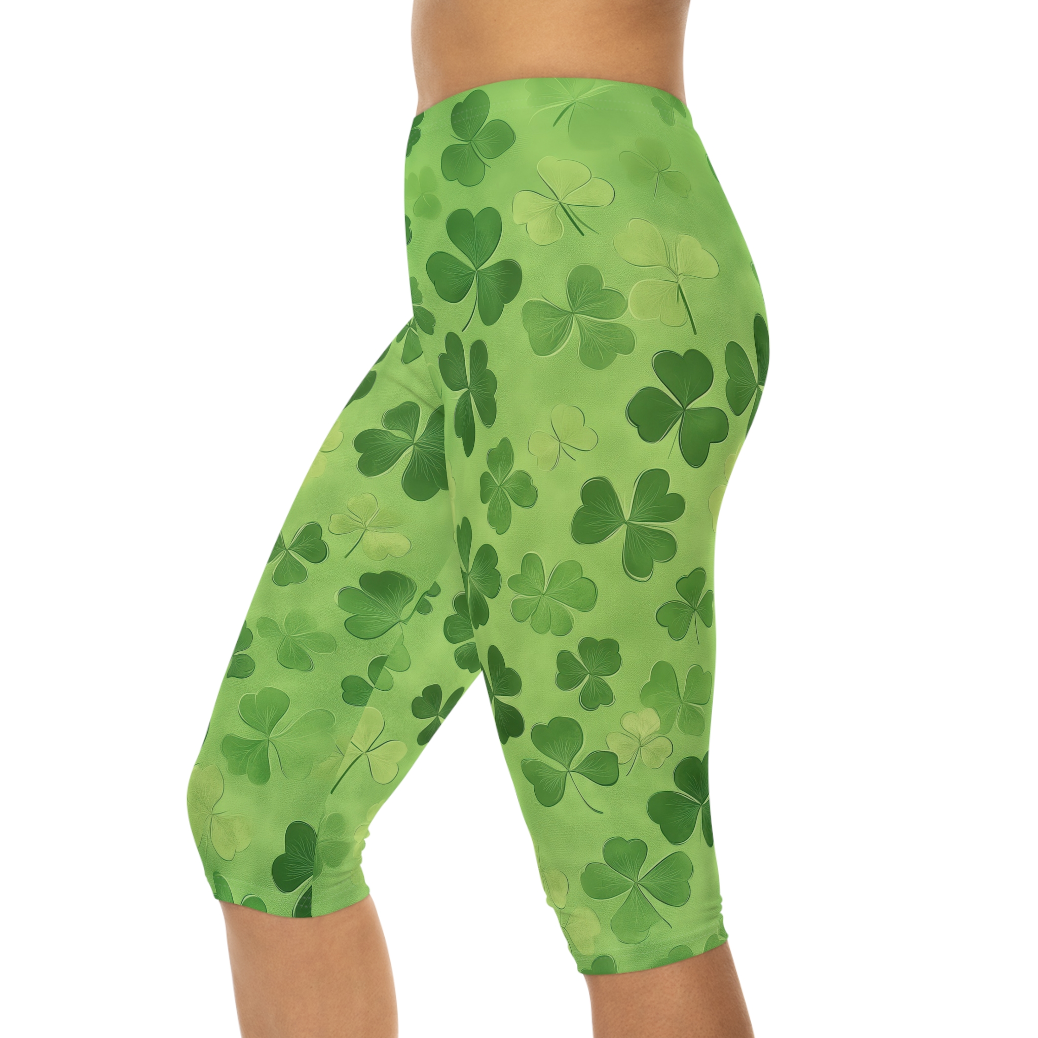 Stretchy St Patrick's Day Clover Women’s Capri Leggings – eye-catching printed capri pants - Detail View 6