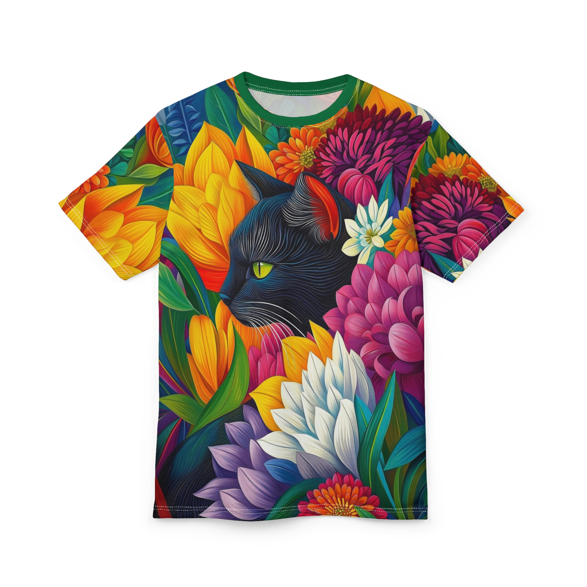 Vibrant yellow, orange, pink, and purple flowers surround a black cat with green eyes on this graphic streetwear tee.