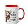 White ceramic coffee mug with a red interior and handle, featuring a cute sloth hanging on a tree branch with the words