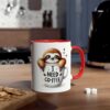 White ceramic mug with a red handle, featuring a cute sloth illustration that reads 