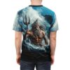 Deep blues, whites, and dark tones cover this sublimation graphic tee, showing Poseidon emerging from stormy seas with his trident.