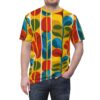Vibrant yellow, red, blue, and green abstract floral shapes and vertical lines cover this 3D graphic t-shirt, with overlapping circles and leaf-like forms.