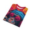 Bold blues, reds, and oranges cover this 3D graphic t-shirt, depicting a close-up of a cool monkey wearing sunglasses and a blue bandana.