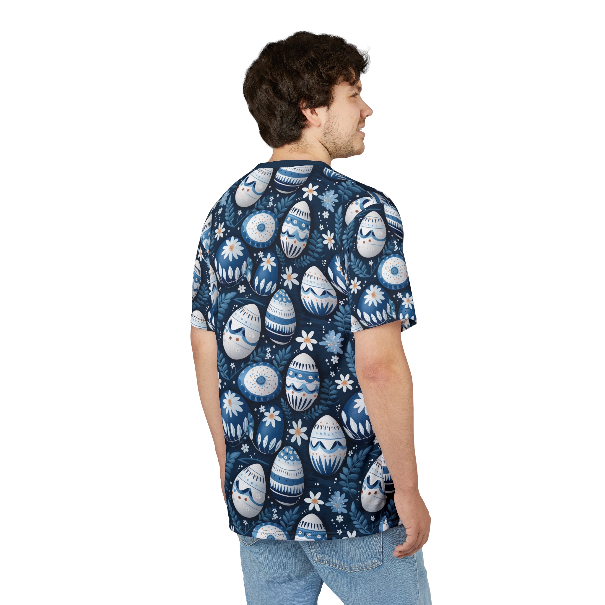 Blue and white patterned Easter eggs and small white flowers cover this 3D graphic t-shirt, with a dark blue background and leafy branches.