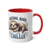 White ceramic mug with a red interior and handle, featuring a cute sloth illustration.
