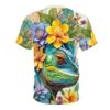 Vibrant teal, green, and yellow scales cover this 3D graphic t-shirt, featuring a detailed chameleon head surrounded by lush foliage and colorful exotic flowers.