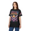 Vibrant rainbow text and pink flowers surround a trippy eye and UFO design on this black graphic tee.