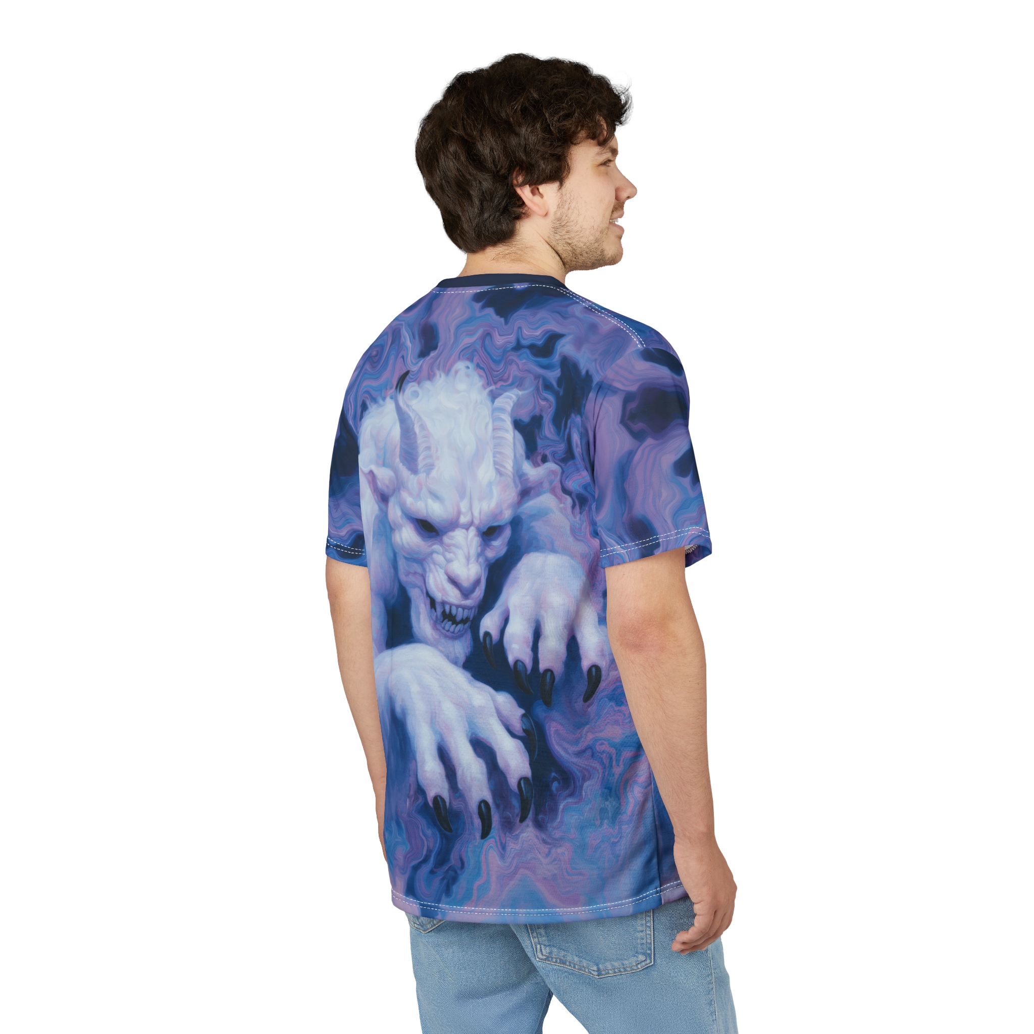Swirling blues and purples cover this full print shirt, depicting a fierce, white-furred creature with glowing eyes and sharp claws.