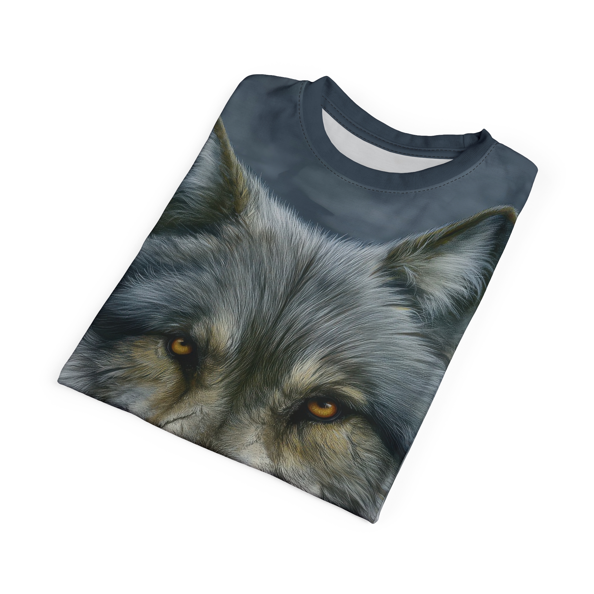 Realistic grey and brown fur textures cover this seamless pattern tee, with a piercing amber-eyed wolf face dominating the design.