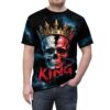 A split skull in white and red, wearing a gold crown, with blue smoke and red dripping 