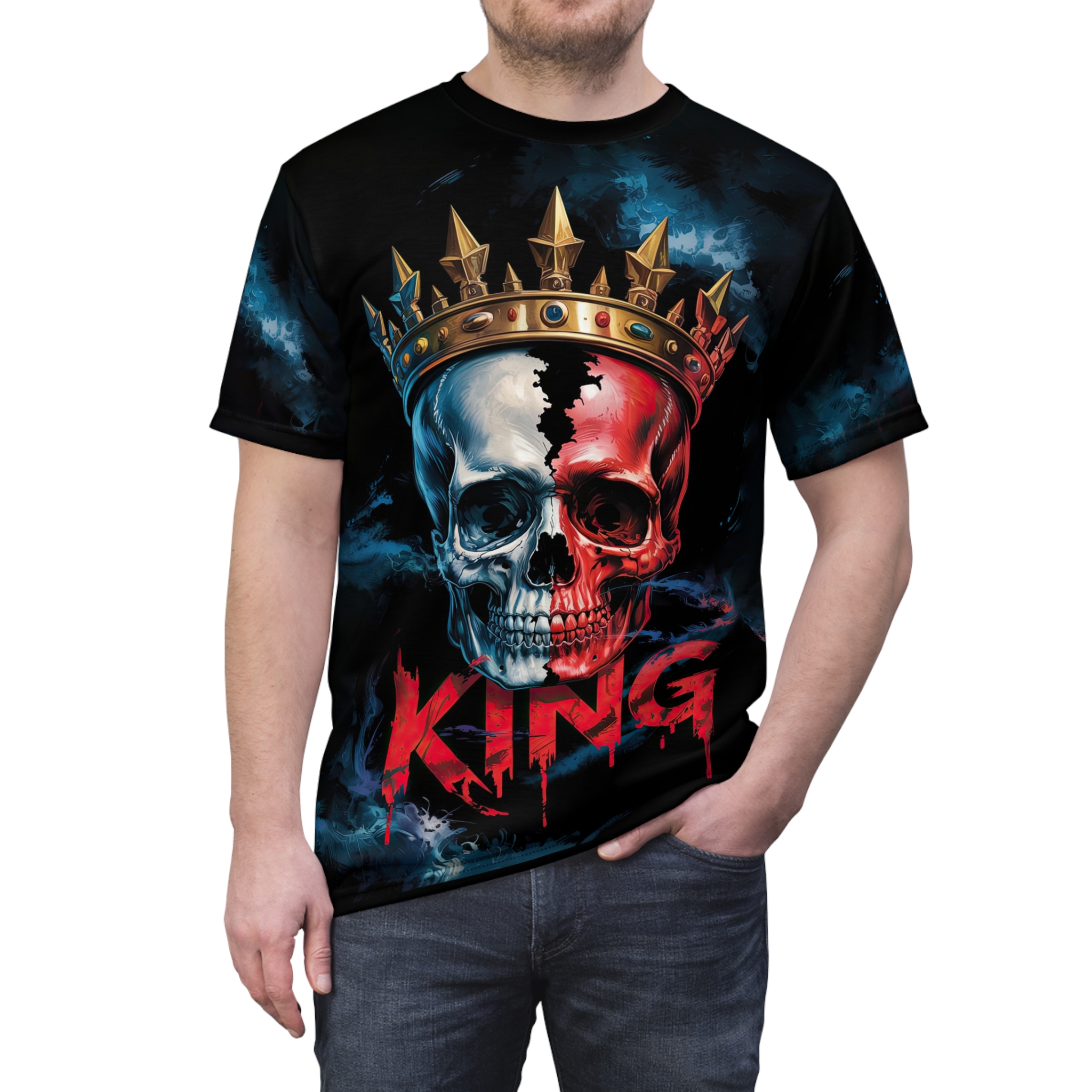 A split skull in white and red, wearing a gold crown, with blue smoke and red dripping "KING" text on this graphic streetwear tee.