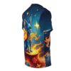 Deep blues, fiery oranges, and glowing yellow stars cover this graphic streetwear tee, depicting a celestial chihuahua surrounded by cosmic flames and clouds.