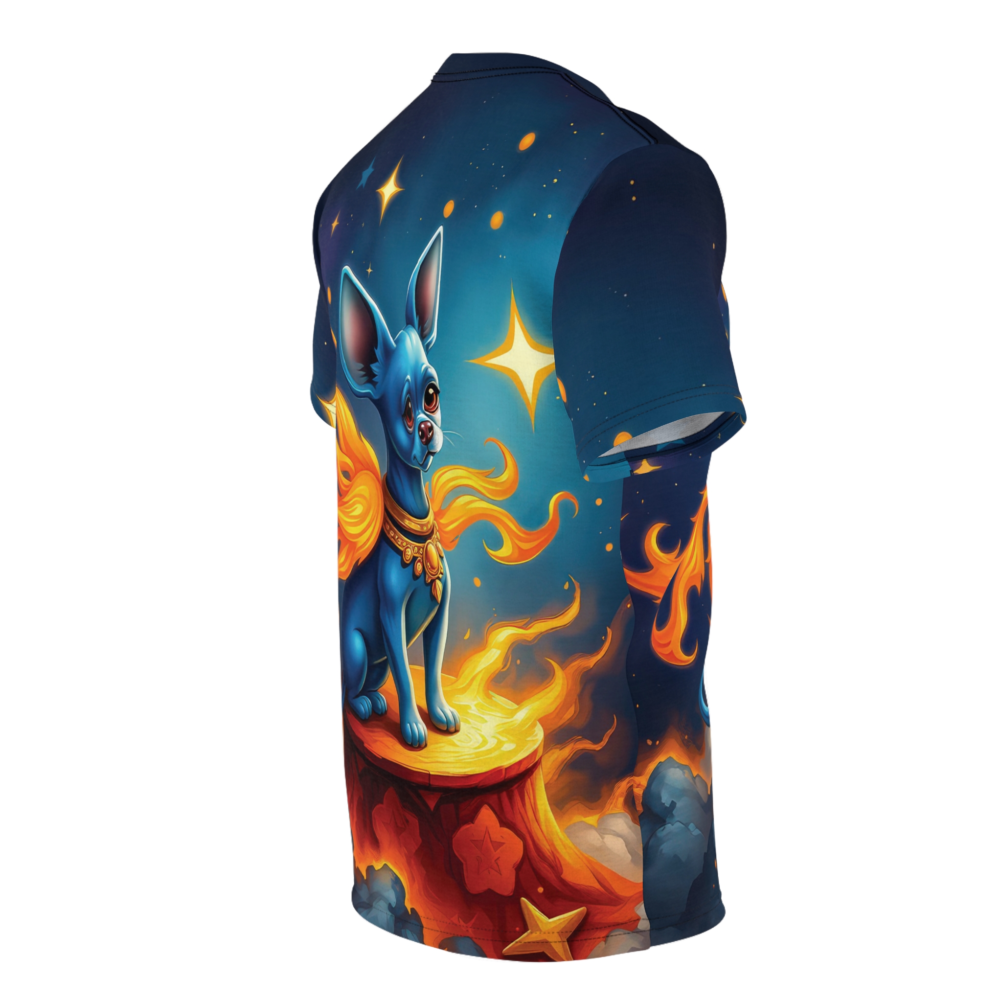 Deep blues, fiery oranges, and glowing yellow stars cover this graphic streetwear tee, depicting a celestial chihuahua surrounded by cosmic flames and clouds.