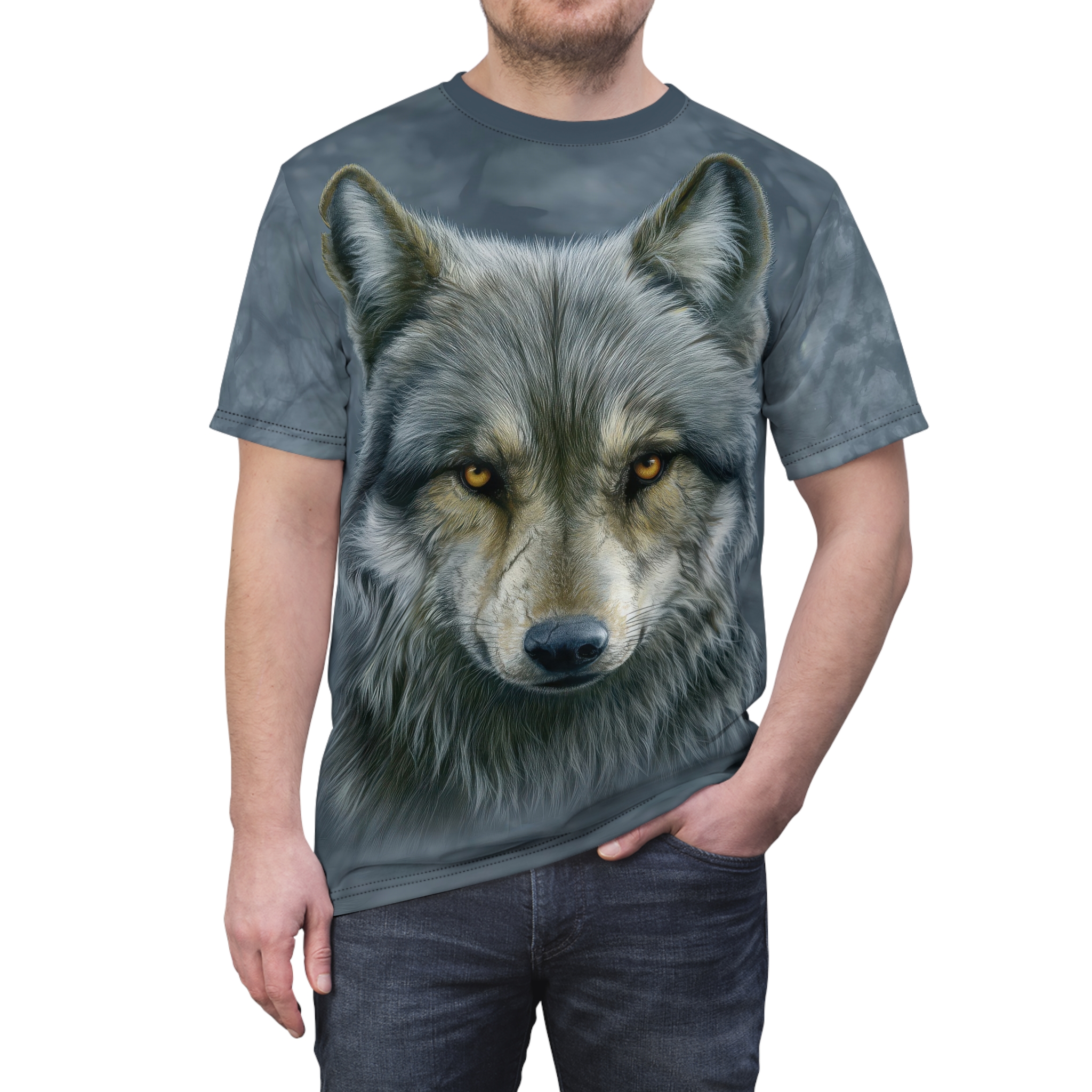 Grey and black watercolor textures cover this graphic streetwear tee, depicting a realistic wolf's face with intense yellow eyes.