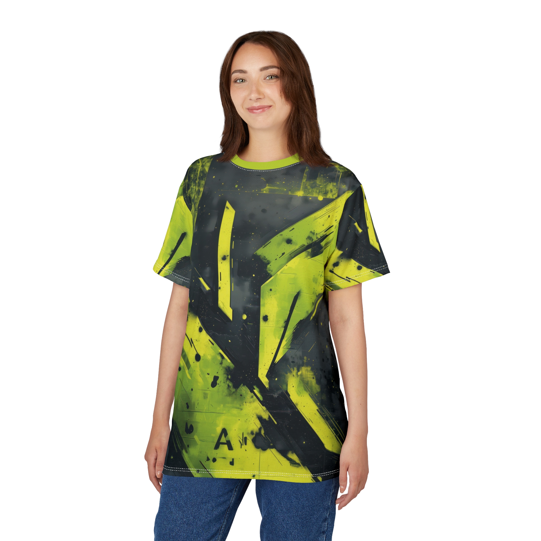 Bold Lime Green Black Unisex Graphic All Over Print T-Shirt - Image 5