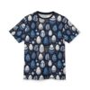 White and blue patterned Easter eggs and foliage fill this dark blue sublimation graphic tee.