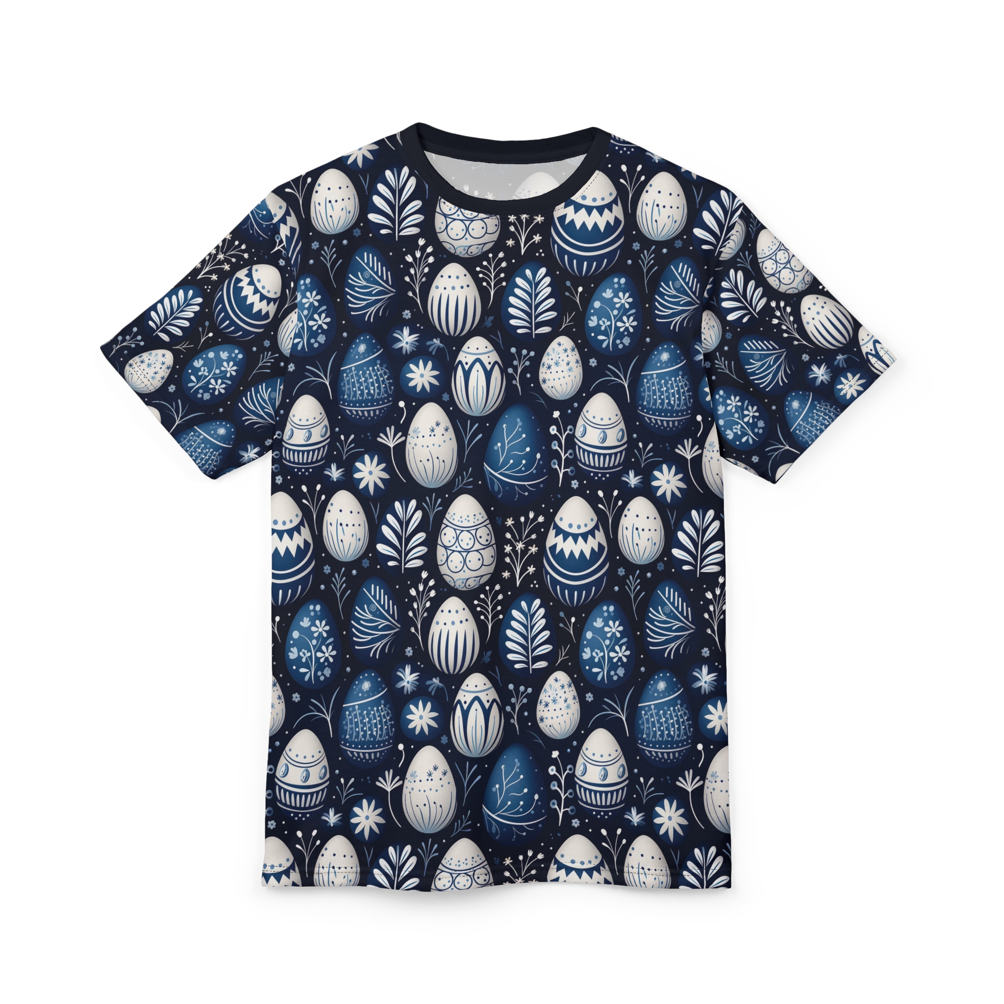 White and blue patterned Easter eggs and foliage fill this dark blue sublimation graphic tee.