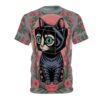 Gray background with pink floral patterns and geometric designs cover this 3D graphic t-shirt, depicting a black cat with green eyes and a cubical head.