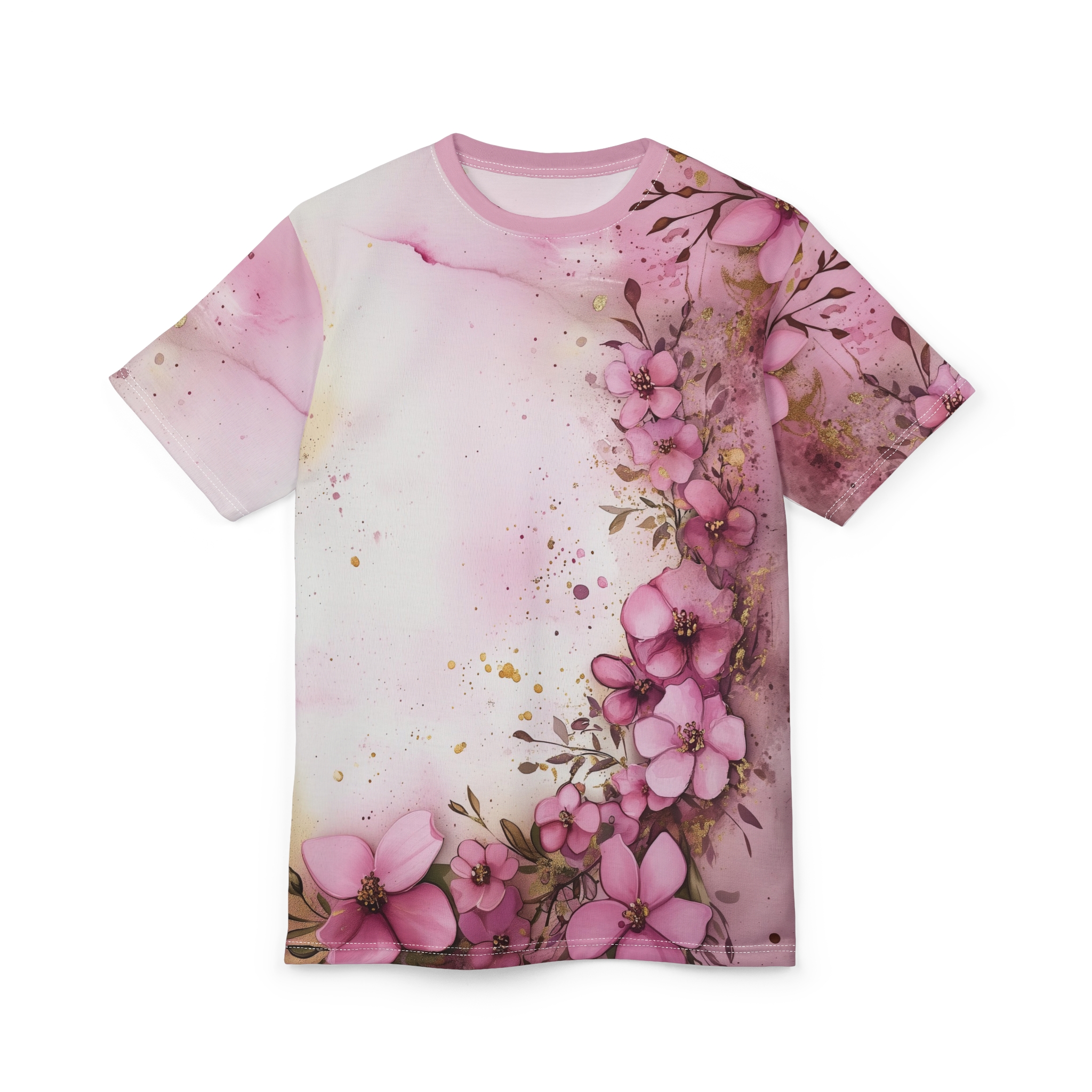 Soft pink watercolor washes and scattered gold flecks cover this 3D graphic t-shirt, with a cascade of delicate pink blossoms and brown branches.