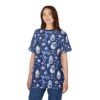 Blue and white floral patterns and Easter eggs cover this graphic streetwear tee, set against a deep blue background with botanical elements.