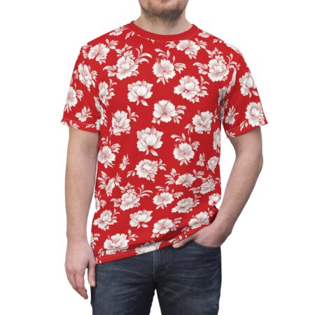 Vibrant Red Vintage Floral All-Over Print Tee — White Rose Pattern – eye-catching full print casual top