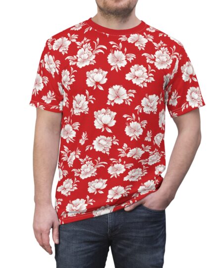 Red Vintage Floral All-Over Print Tee — White Rose Pattern