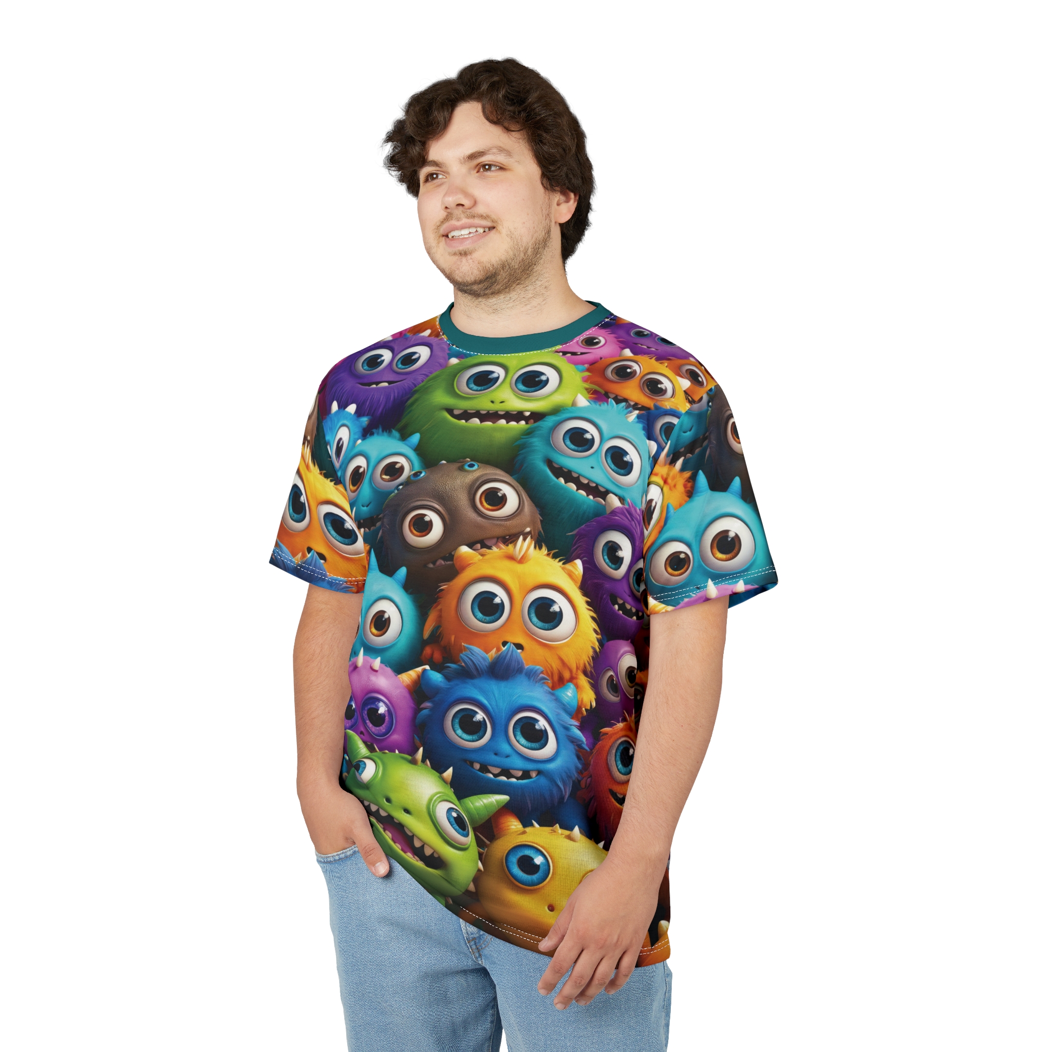 Premium Colorful Monster Print Unisex Tee for Fun Celebrations, Quirky Graphic Shirt, Novelty Gift for Kids & Adults, Playful Summer Wear – soft all-over print unisex tee