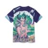 Deep blues with swirling galaxies and planets cover this oversized full print tee, featuring a mystical creature with horns and flowing hair amid crashing green waves.