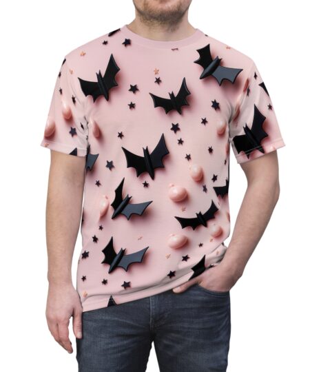 Halloween Bat & Star Unisex All Over Print Tee - Fun & Festive Pink Design