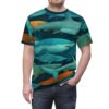 Teal, orange, and white sharks swim in a dark blue ocean, covering this seamless pattern tee.