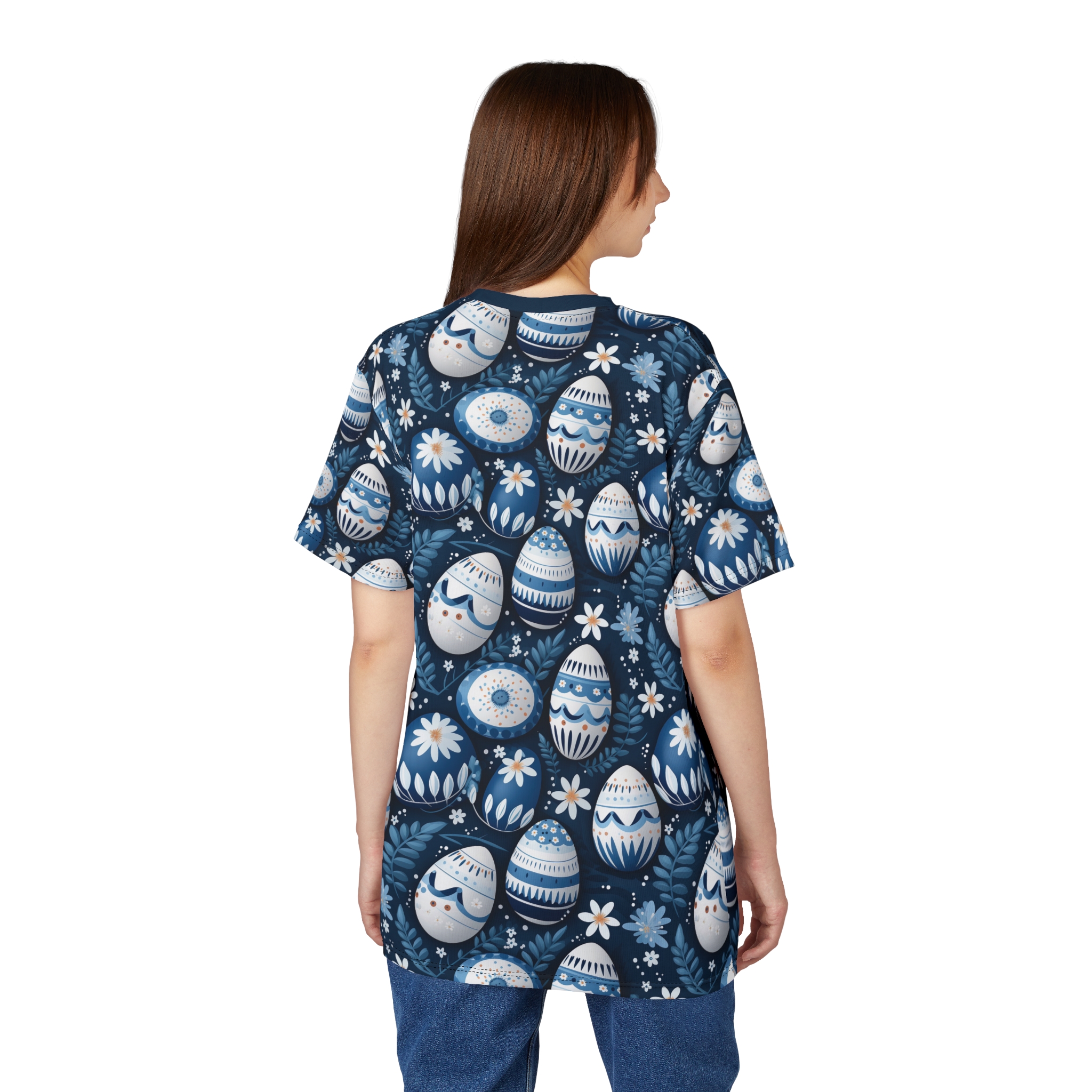 Blue and white patterned Easter eggs and small white flowers cover this full print shirt, with dark blue leaves scattered throughout the design.