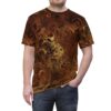 Earthy browns and metallic golds cover this patterned tee shirt, featuring intricate clockwork gears and mechanical elements.