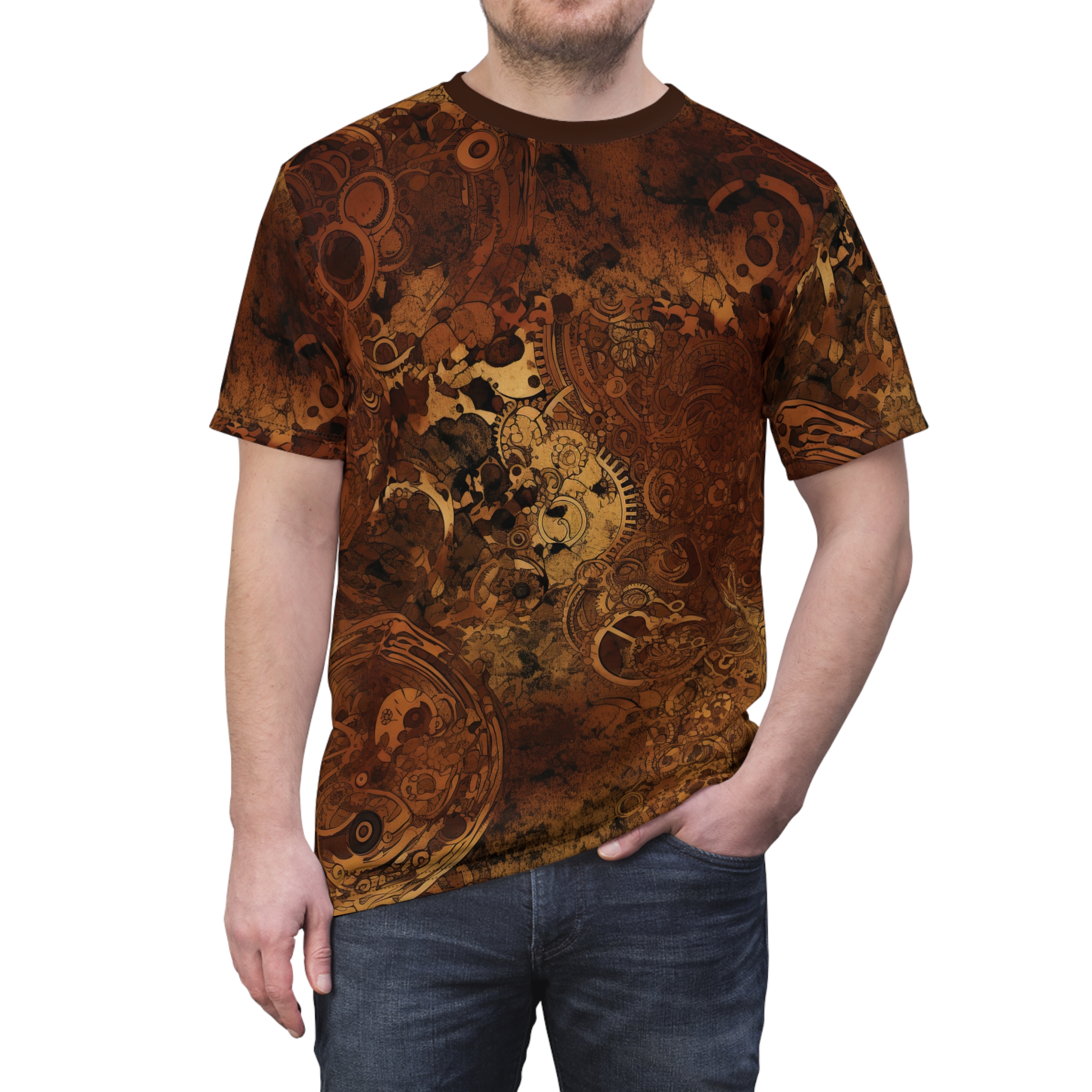 Earthy browns and metallic golds cover this patterned tee shirt, featuring intricate clockwork gears and mechanical elements.