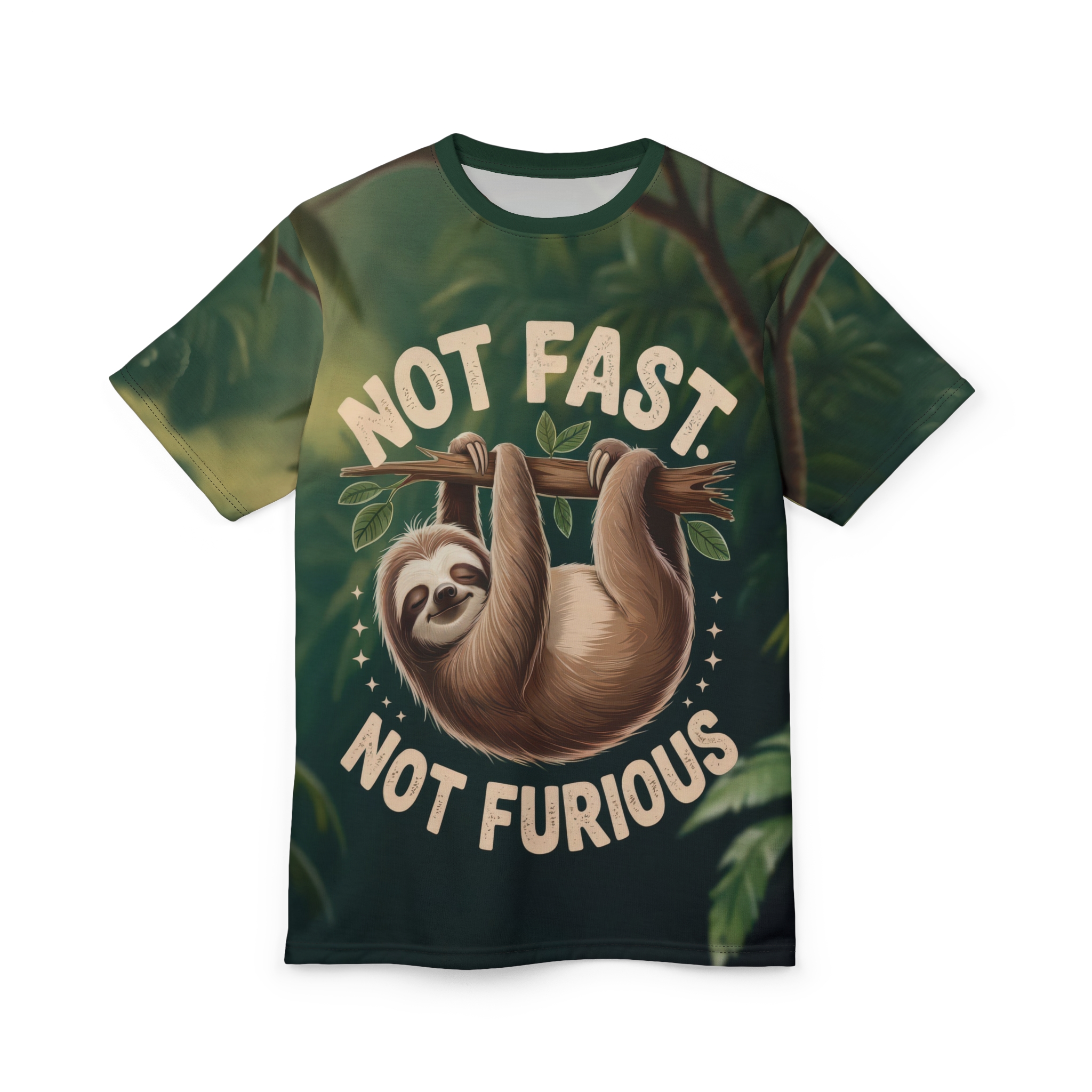 Lush green jungle foliage and branches cover this graphic streetwear tee, featuring a relaxed sloth hanging from a branch with "NOT FAST - NOT FURIOUS" text.