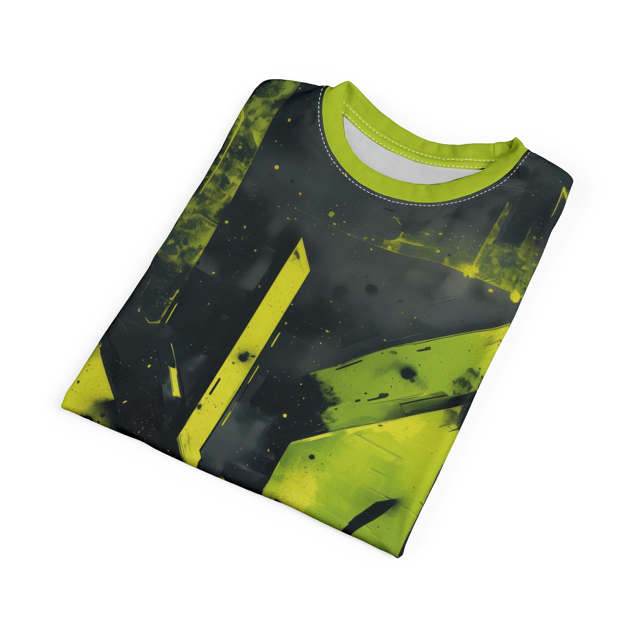 Bold lime green and black geometric shapes and splatters cover this patterned tee shirt, with a dark, textured background.