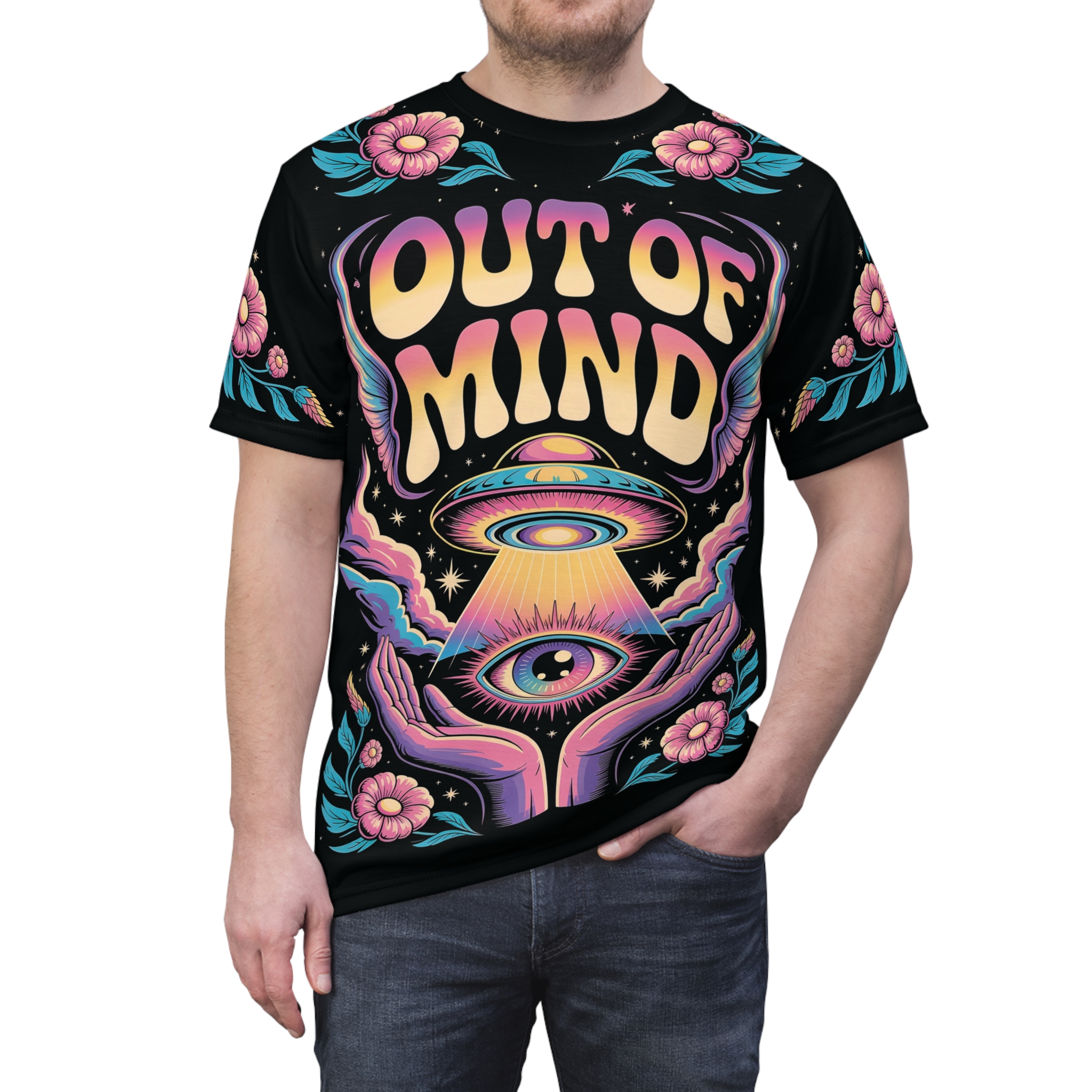 Rainbow gradient text, an alien spacecraft, and an all-seeing eye within cupped hands are depicted on this black graphic streetwear tee, with pink flowers and blue leaves framing the scene.