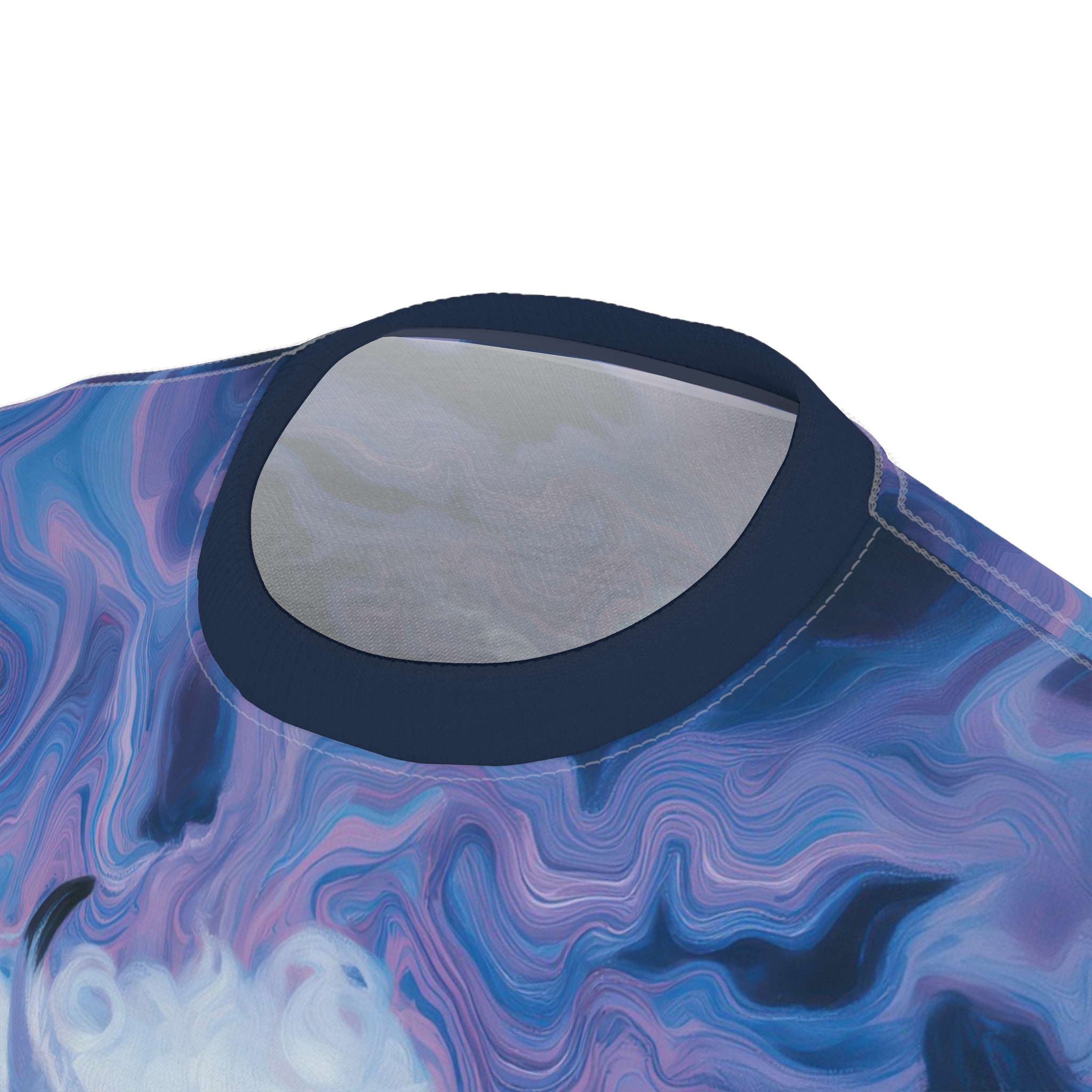 Swirling blues, purples, and pinks cover this graphic streetwear tee, depicting ethereal clouds and hints of mystical creatures in a fantasy art style.