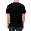 Grungy black fabric with distressed grey textures covers this 3D graphic t-shirt, featuring gold stripes on the sleeves.