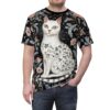 Black background with a white cat adorned with subtle floral patterns, surrounded by elaborate floral and leaf motifs in pink, blue, and grey.