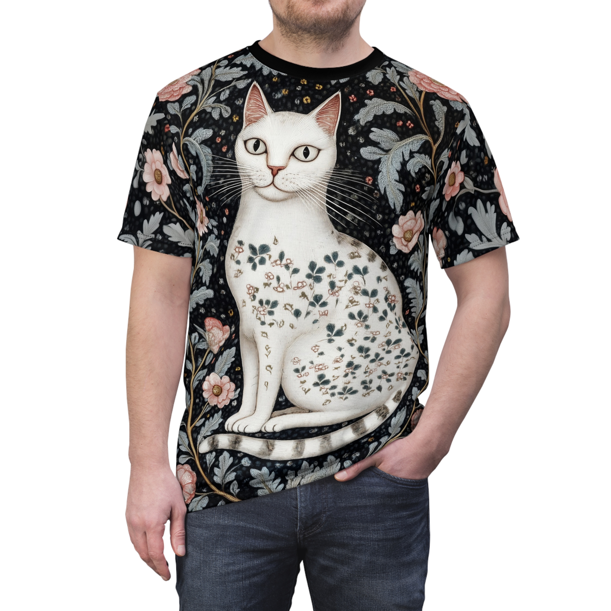 Black background with a white cat adorned with subtle floral patterns, surrounded by elaborate floral and leaf motifs in pink, blue, and grey.