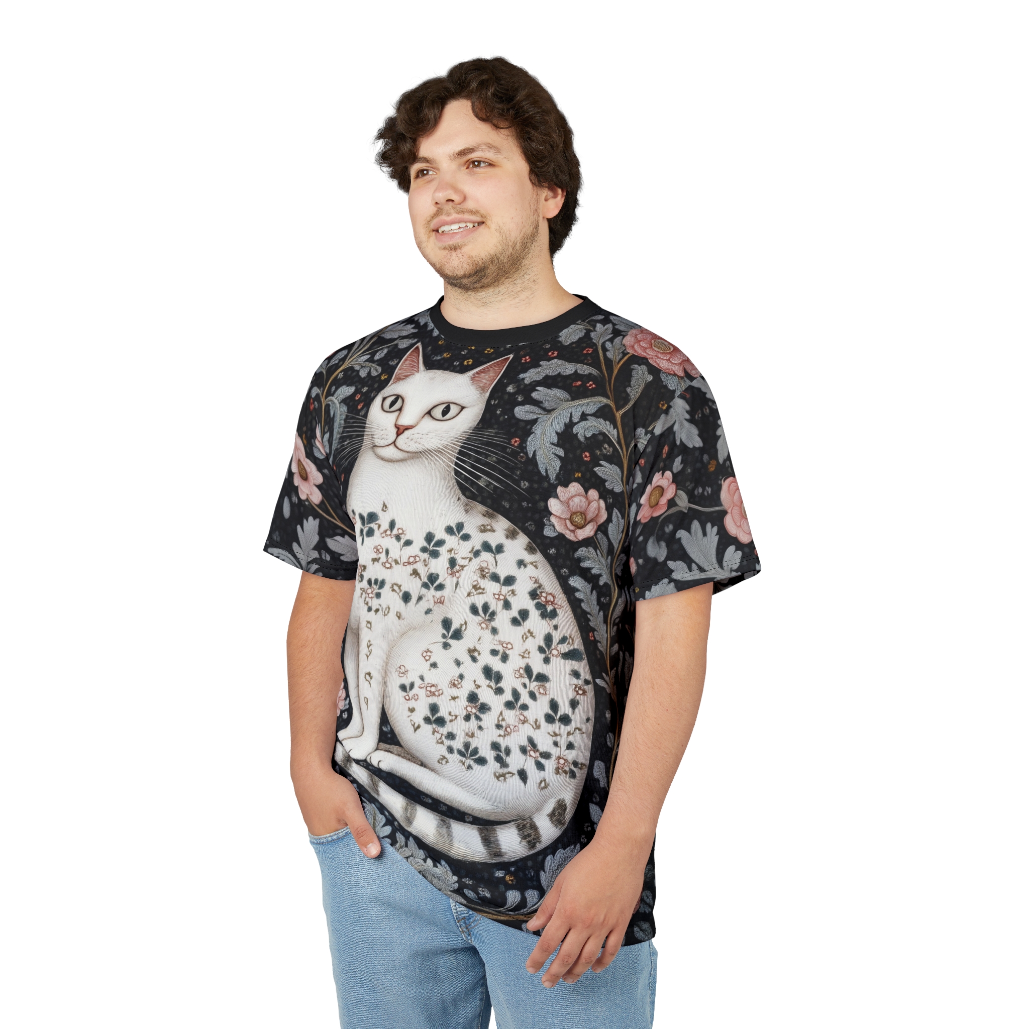 Floral Cat Unisex All Over Print T-Shirt - Elegant Cat Art Top for Animal Lovers - Image 6