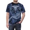 Swirling blues and purples depict a demonic figure with sharp teeth and large horns on this all-over print tee.