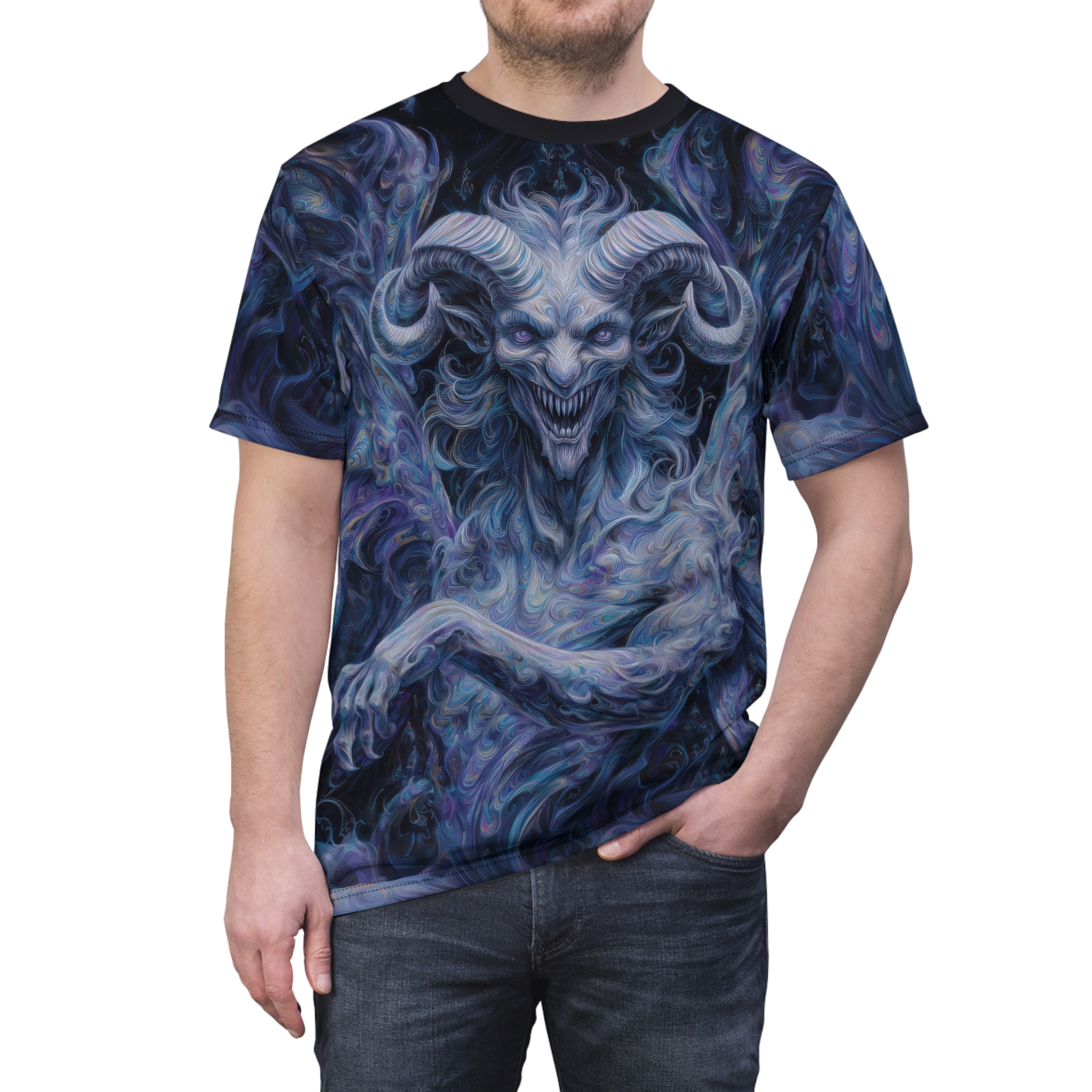Swirling blues and purples depict a demonic figure with sharp teeth and large horns on this all-over print tee.