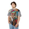 Geometric shapes in grey, orange, teal, and red cover this seamless pattern tee, with a wolf's face depicted in a collage-like animal print.