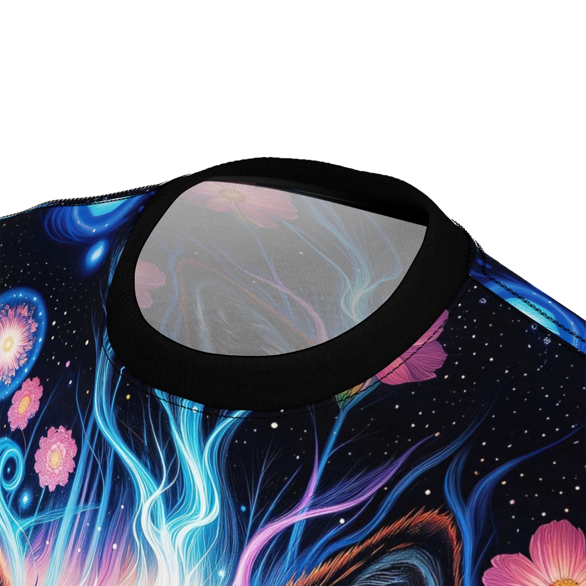 Vibrant blues, pinks, and purples depict ethereal flames and flowers against a starry black background on this graphic tee.