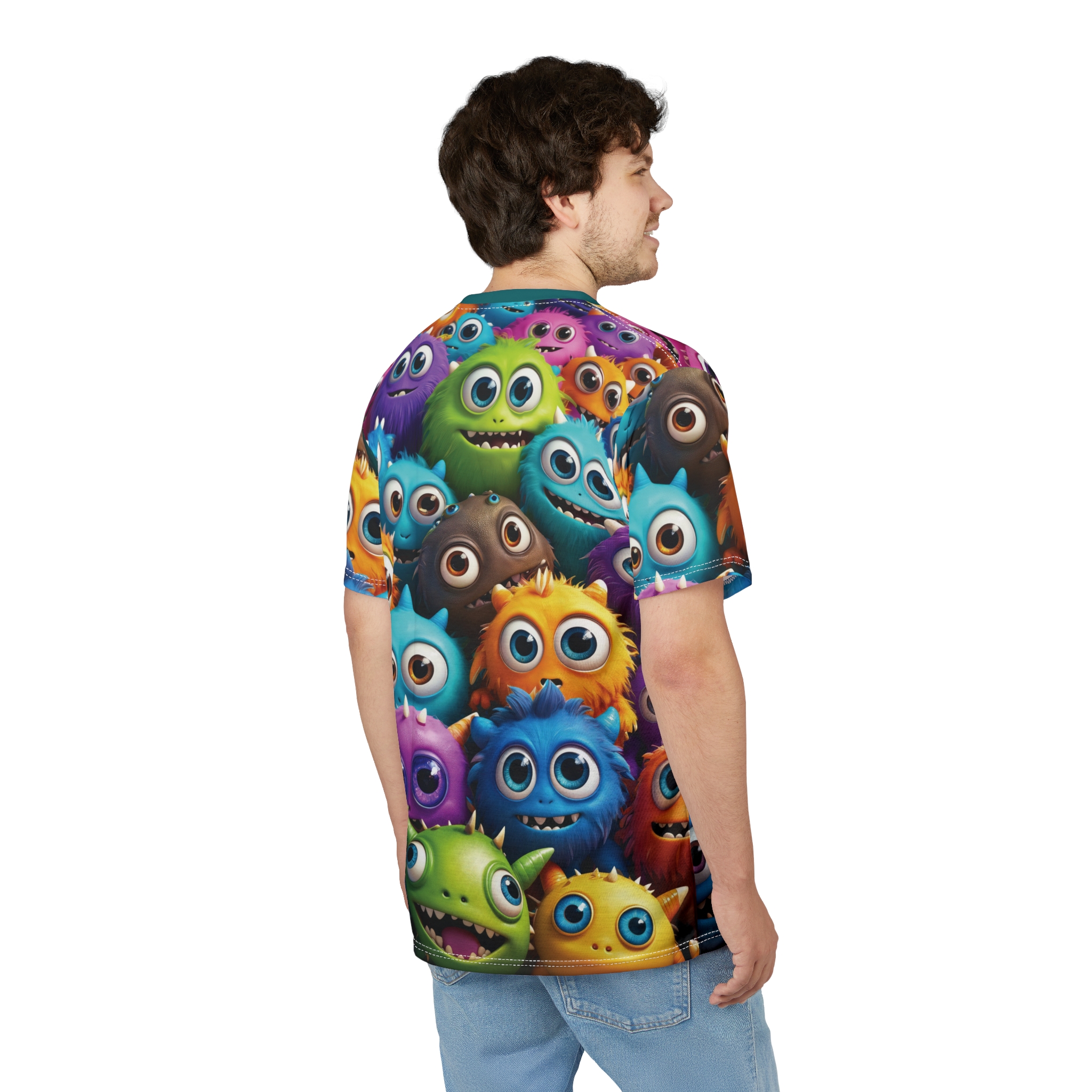 Premium Colorful Monster Print Unisex Tee for Fun Celebrations, Quirky Graphic Shirt, Novelty Gift for Kids & Adults, Playful Summer Wear – soft all-over print unisex tee