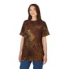 Oranges, browns, and sepia tones with intricate gears and clockwork designs cover this 3D graphic t-shirt, featuring a textured, aged background.