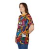 Bold shapes, cartoon characters, and skateboards in bright yellow, orange, blue, pink, and red cover this oversized full print tee, with abstract geometric elements and urban motifs.