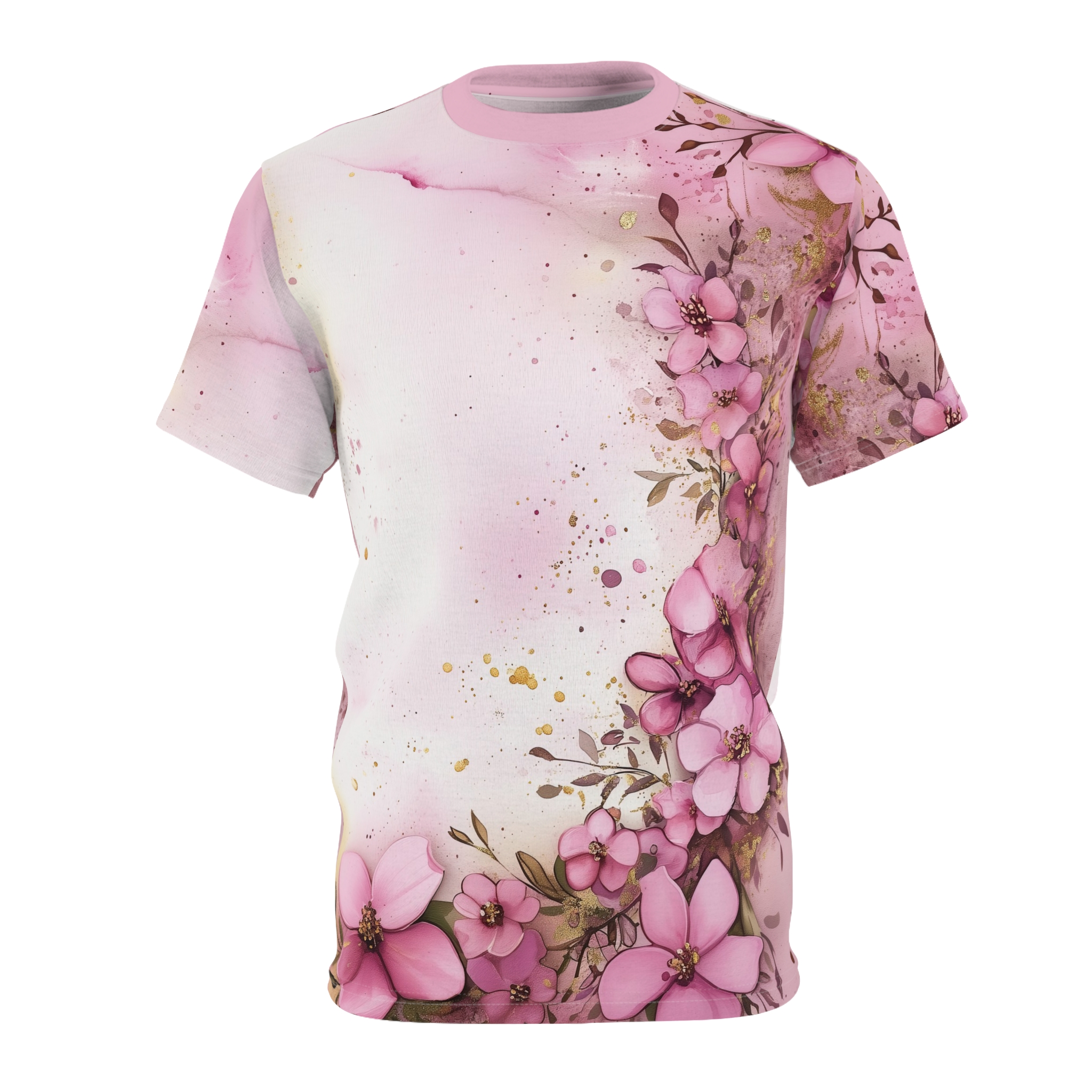 Soft pink watercolor washes and scattered gold flecks cover this full print shirt, with a cascade of pink floral blooms and delicate branches.