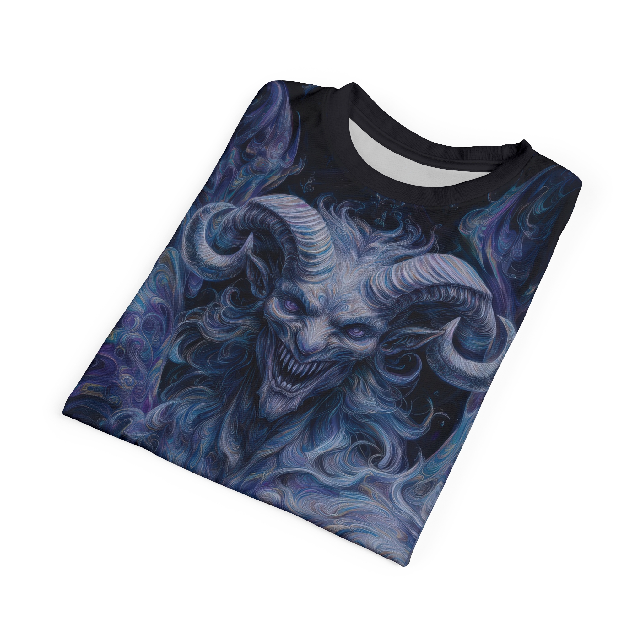 Swirling blues, purples, and greys cover this sublimation graphic tee, depicting a snarling demonic face with large, curved horns and wild, flowing hair.